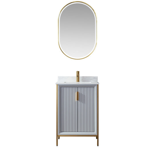 Vinnova Granada 24" Single Vanity In Paris Grey With White Composite Grain Stone Countertop And Mirror