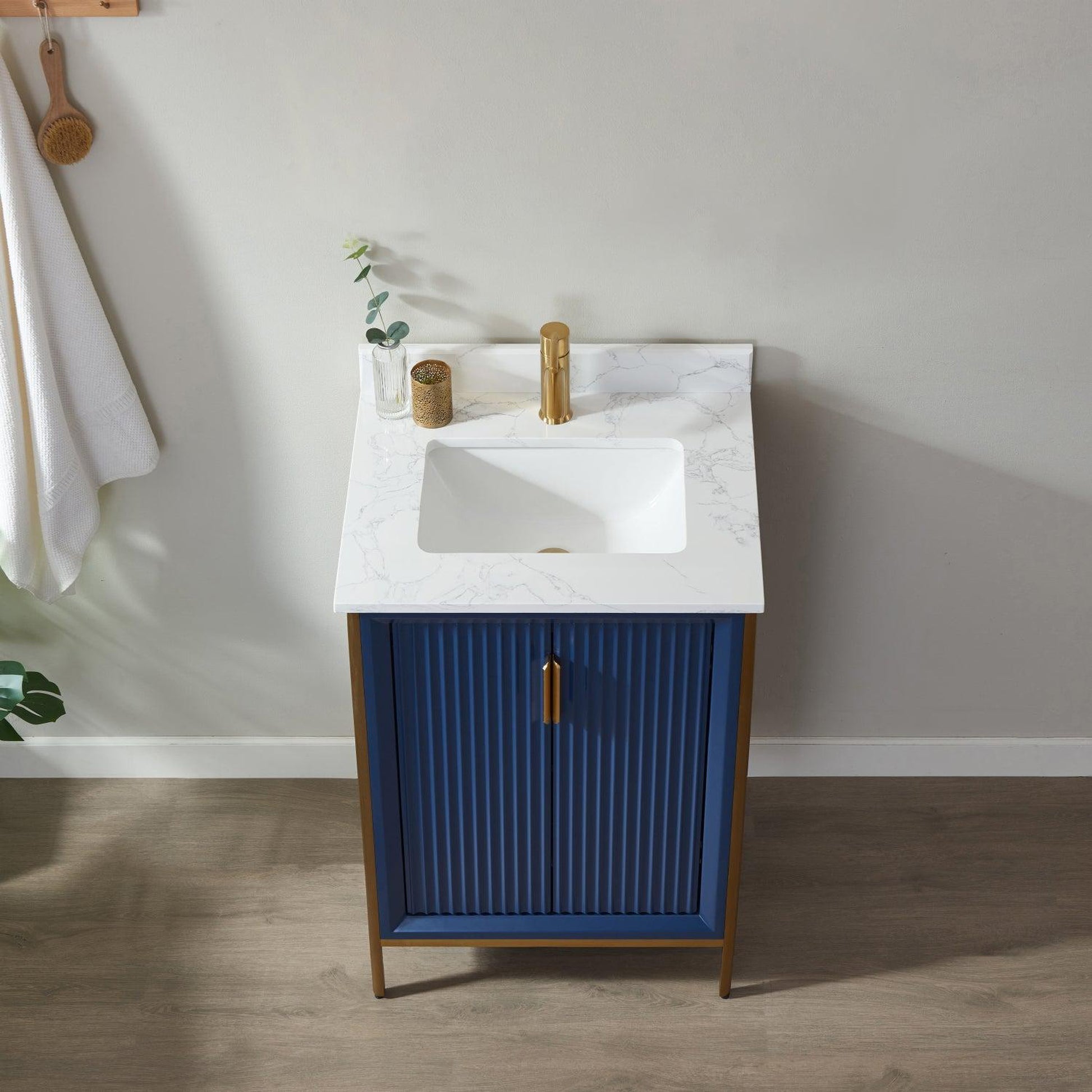 Vinnova Granada 24" Single Vanity In Royal Blue With White Composite Grain Stone Countertop