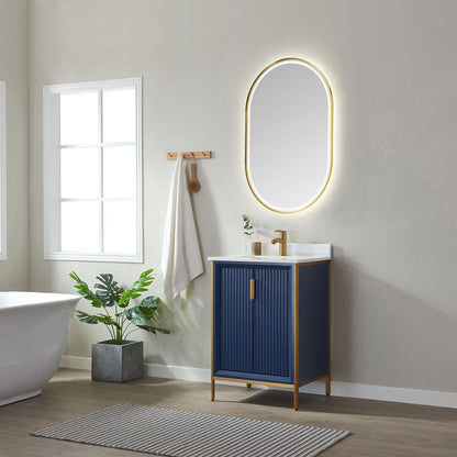 Vinnova Granada 24" Single Vanity In Royal Blue With White Composite Grain Stone Countertop And Mirror