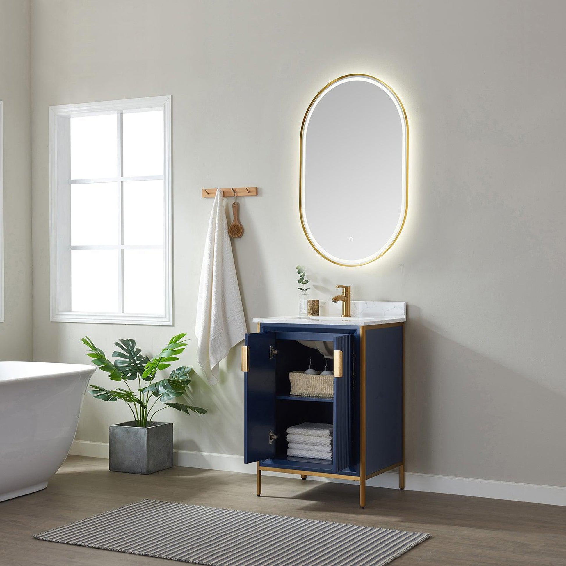 Vinnova Granada 24" Single Vanity In Royal Blue With White Composite Grain Stone Countertop And Mirror