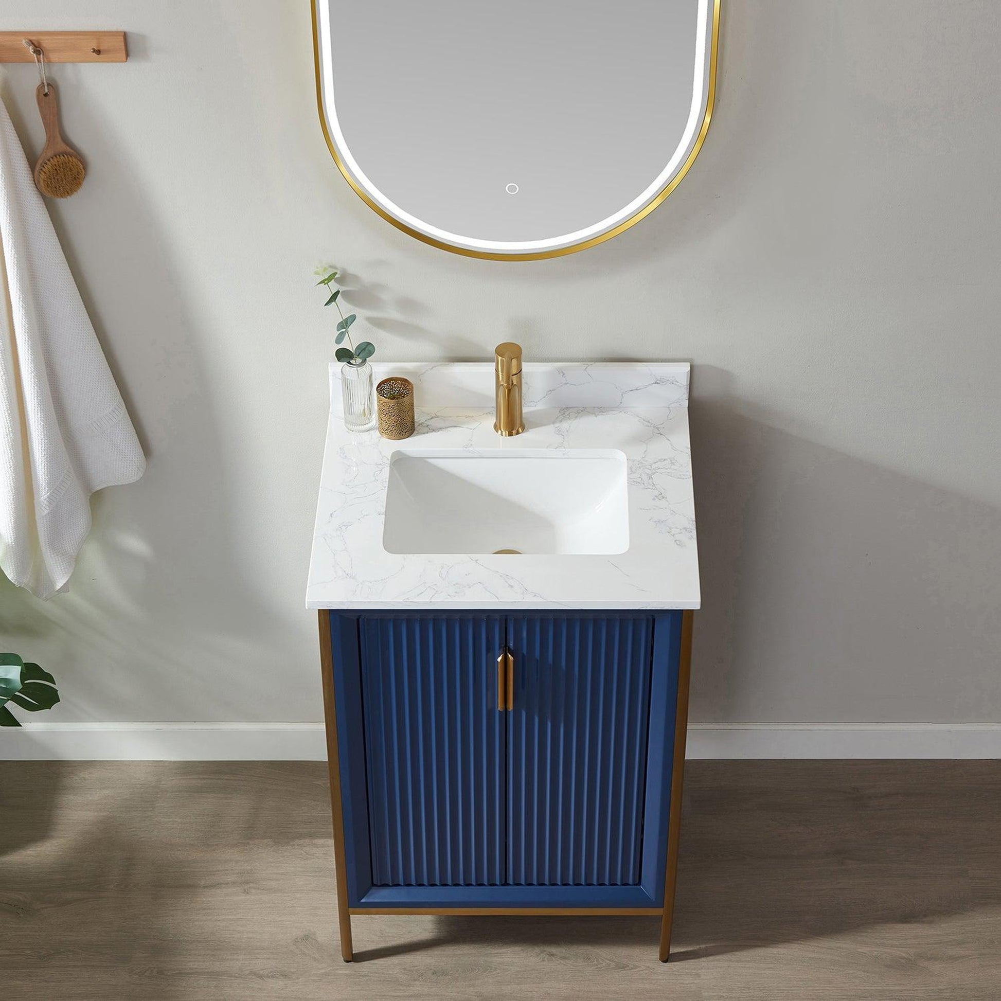 Vinnova Granada 24" Single Vanity In Royal Blue With White Composite Grain Stone Countertop And Mirror