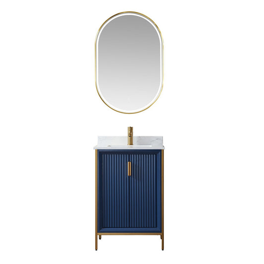 Vinnova Granada 24" Single Vanity In Royal Blue With White Composite Grain Stone Countertop And Mirror