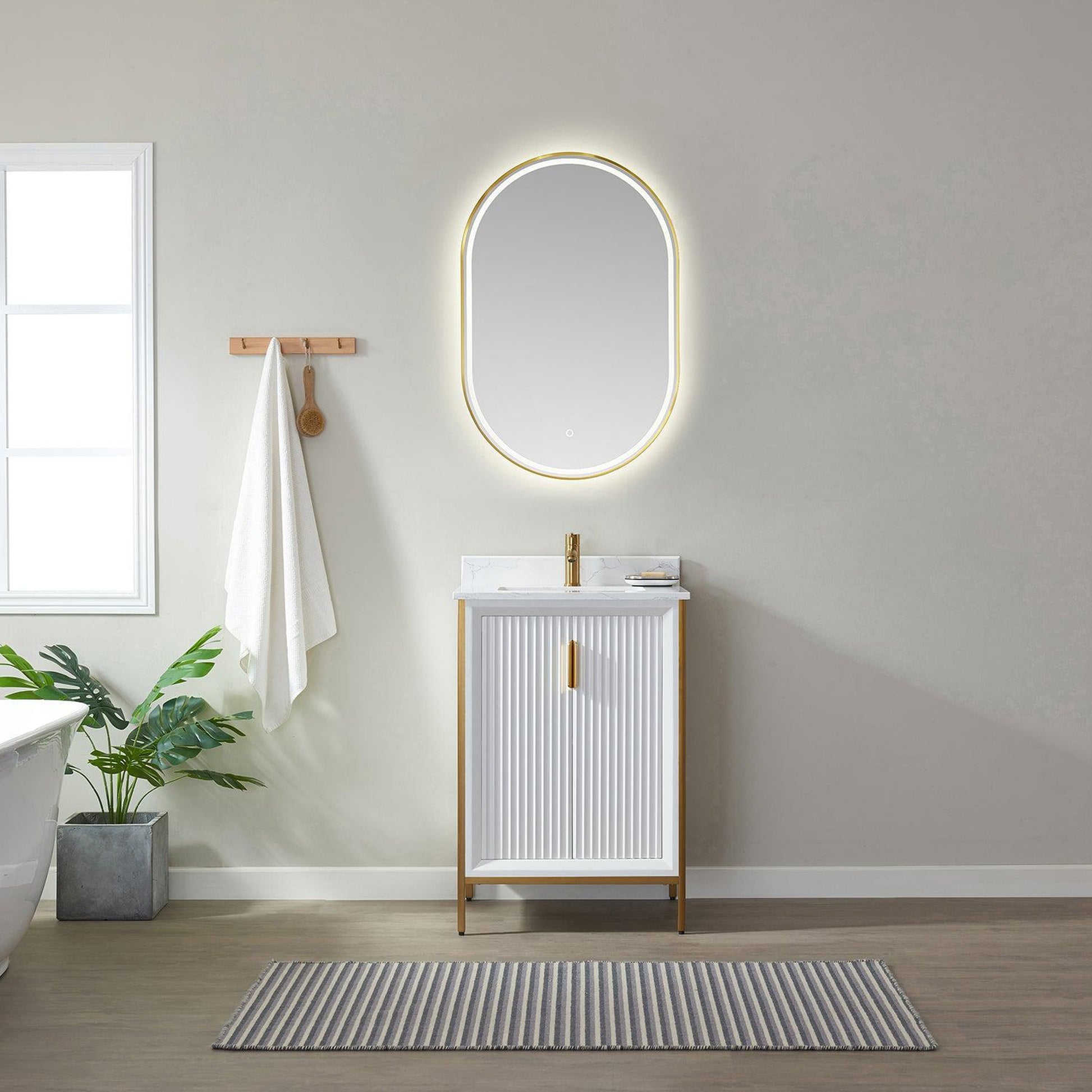 Vinnova Granada 24" Single Vanity In White With White Composite Grain Stone Countertop And Mirror