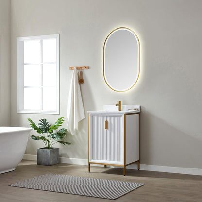 Vinnova Granada 24" Single Vanity In White With White Composite Grain Stone Countertop And Mirror