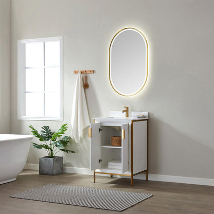 Vinnova Granada 24" Single Vanity In White With White Composite Grain Stone Countertop And Mirror