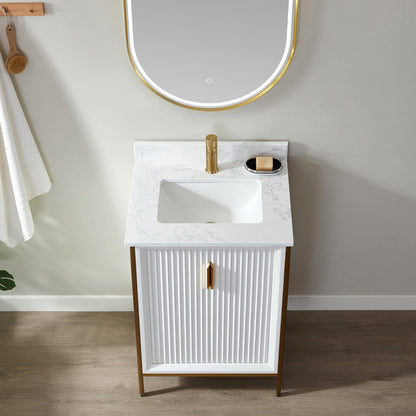 Vinnova Granada 24" Single Vanity In White With White Composite Grain Stone Countertop And Mirror