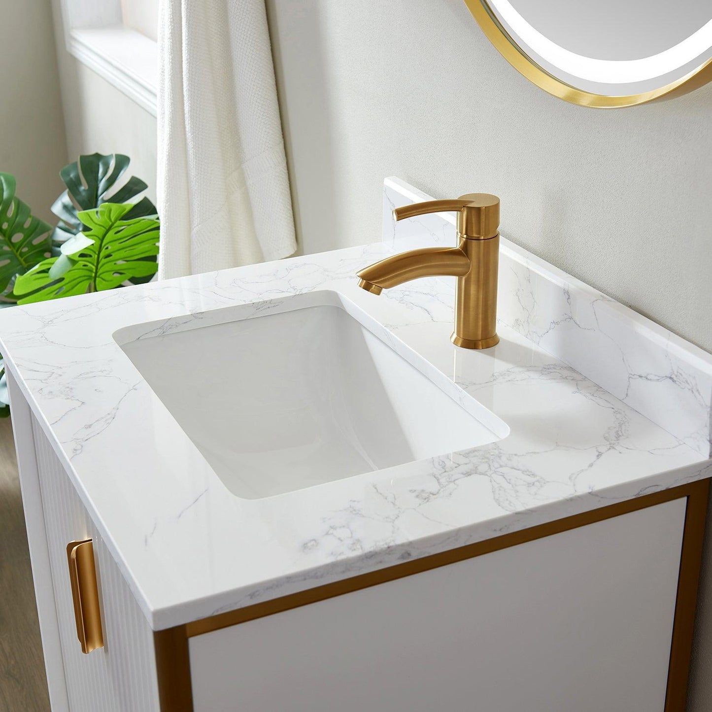 Vinnova Granada 24" Single Vanity In White With White Composite Grain Stone Countertop And Mirror