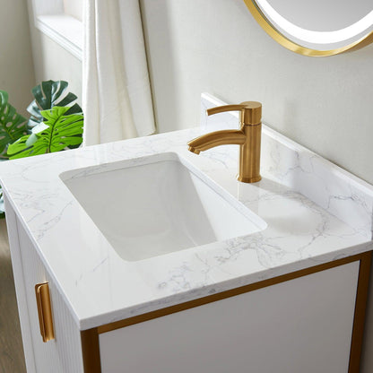 Vinnova Granada 24" Single Vanity In White With White Composite Grain Stone Countertop And Mirror