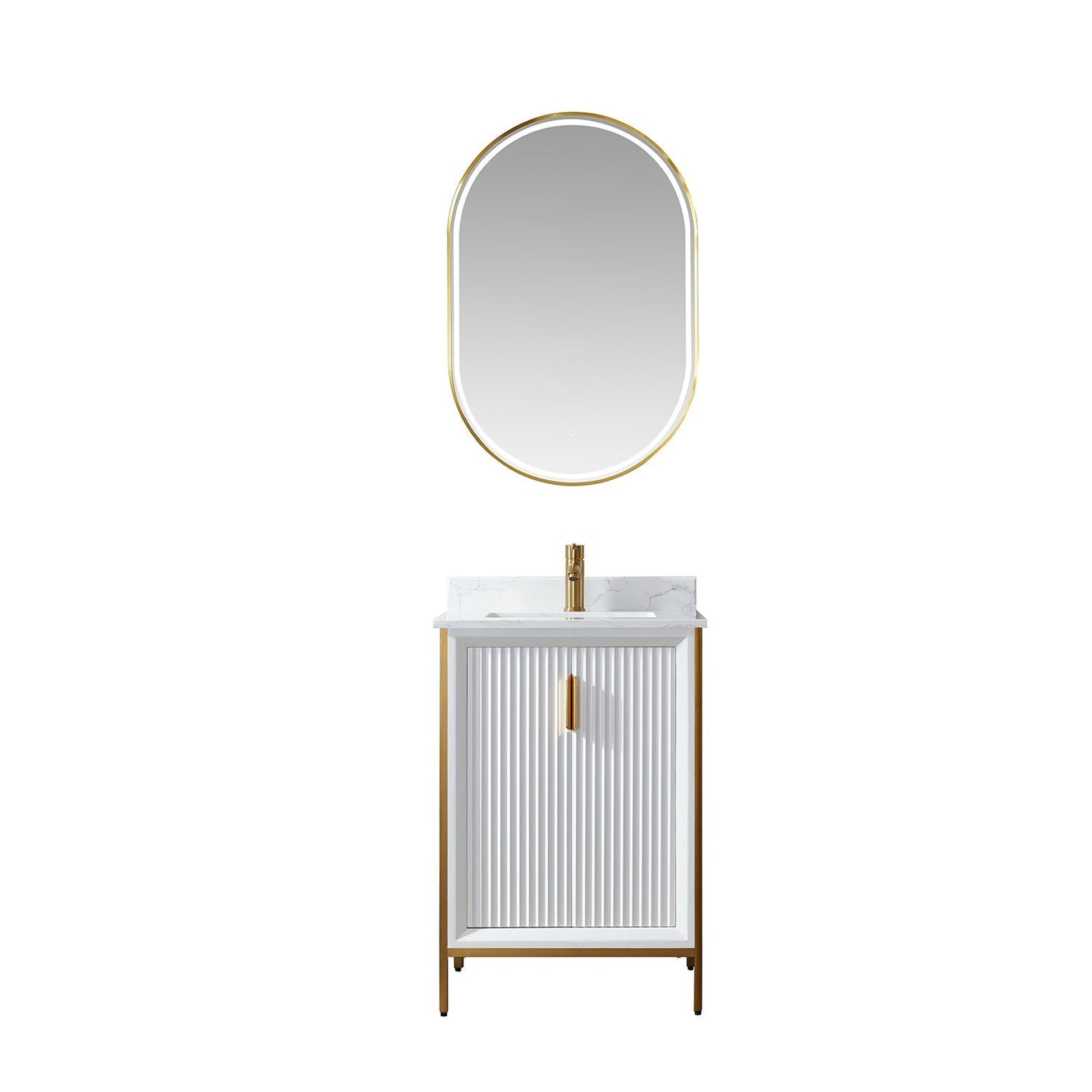 Vinnova Granada 24" Single Vanity In White With White Composite Grain Stone Countertop And Mirror