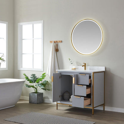 Vinnova Granada 36" Single Vanity In Paris Grey With White Composite Grain Stone Countertop And Mirror