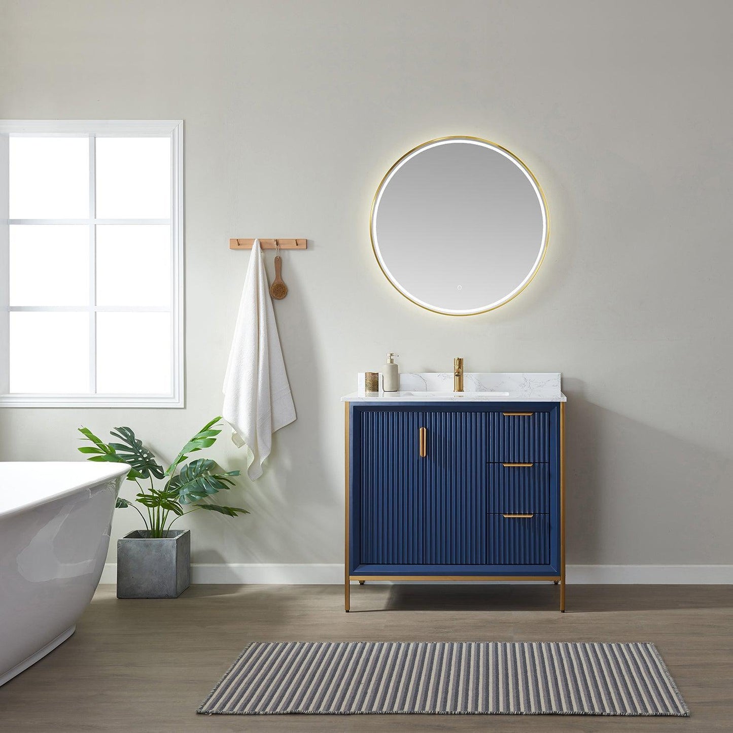 Vinnova Granada 36" Single Vanity In Royal Blue With White Composite Grain Stone Countertop And Mirror