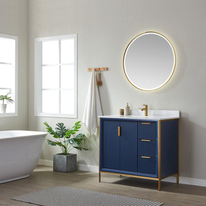 Vinnova Granada 36" Single Vanity In Royal Blue With White Composite Grain Stone Countertop And Mirror