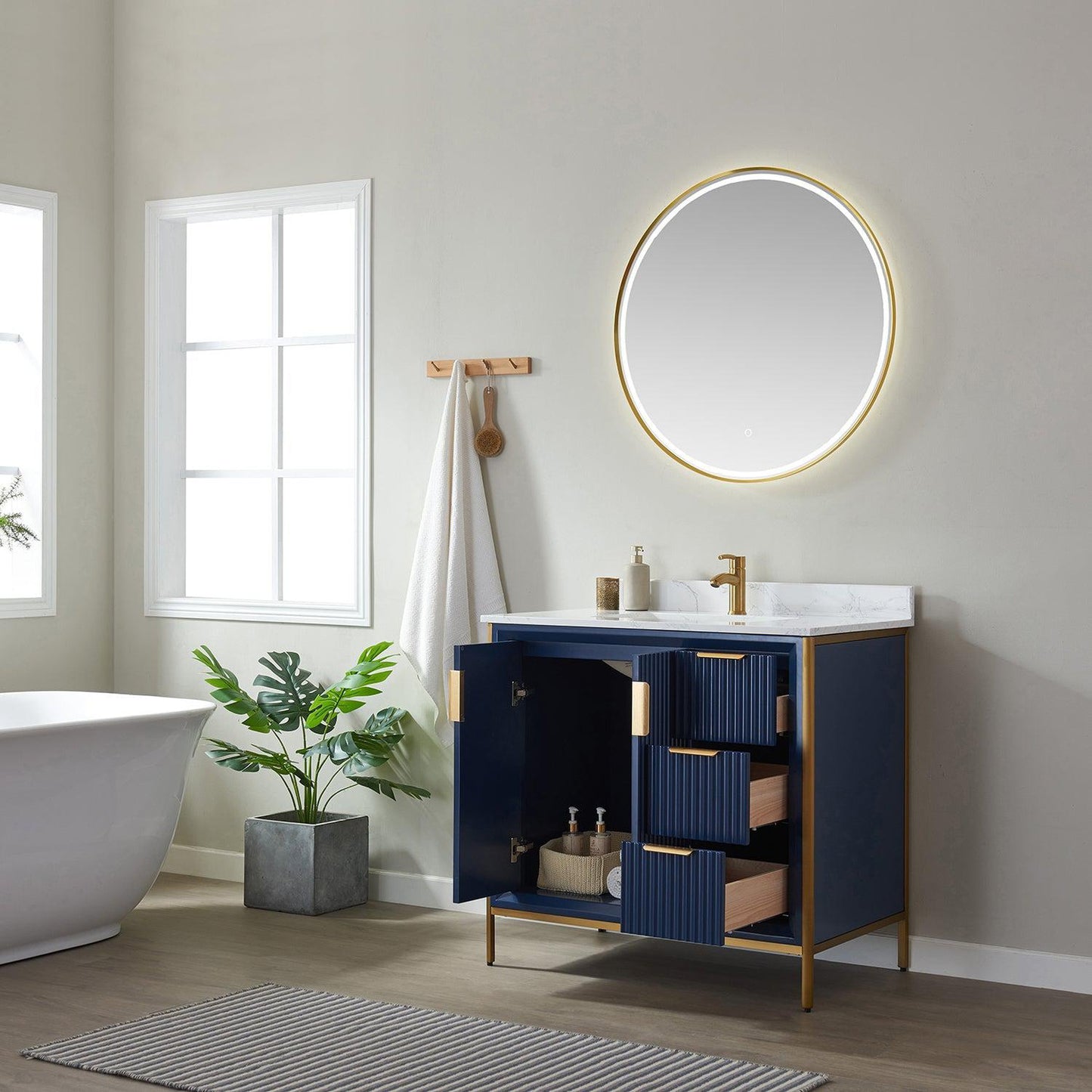 Vinnova Granada 36" Single Vanity In Royal Blue With White Composite Grain Stone Countertop And Mirror