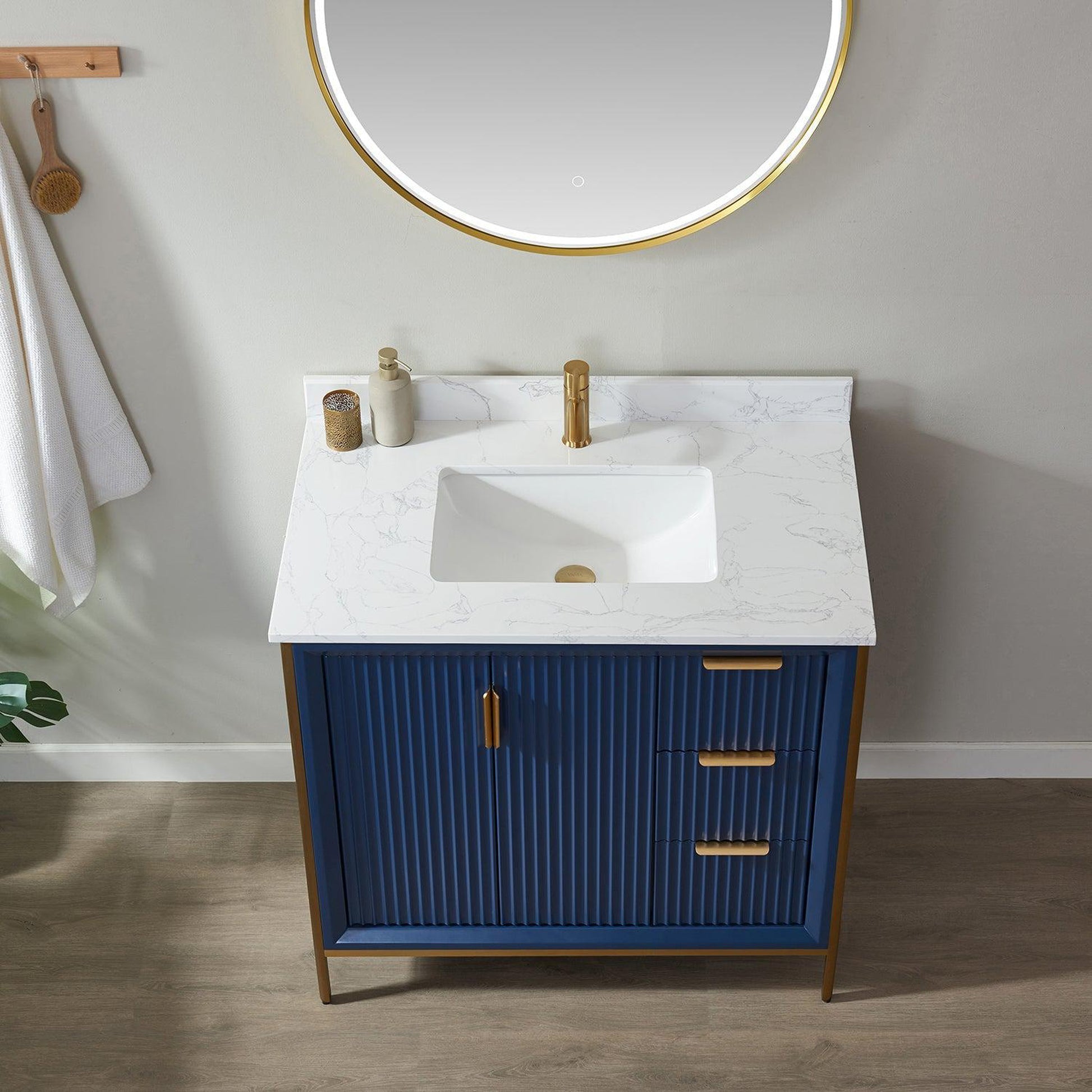 Vinnova Granada 36" Single Vanity In Royal Blue With White Composite Grain Stone Countertop And Mirror