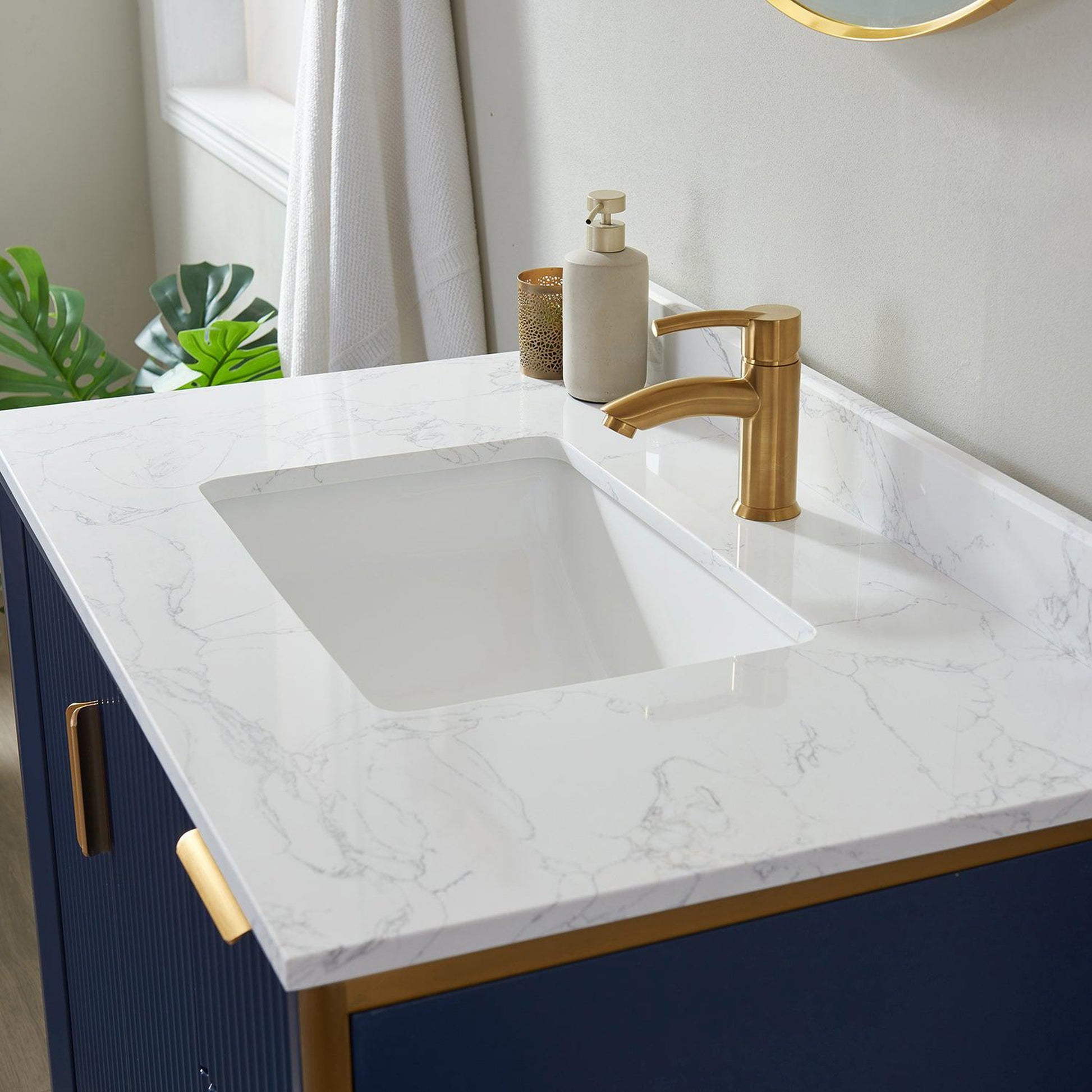 Vinnova Granada 36" Single Vanity In Royal Blue With White Composite Grain Stone Countertop And Mirror