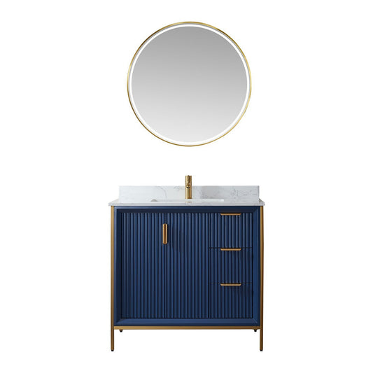 Vinnova Granada 36" Single Vanity In Royal Blue With White Composite Grain Stone Countertop And Mirror