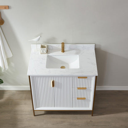 Vinnova Granada 36" Single Vanity In White With White Composite Grain Stone Countertop