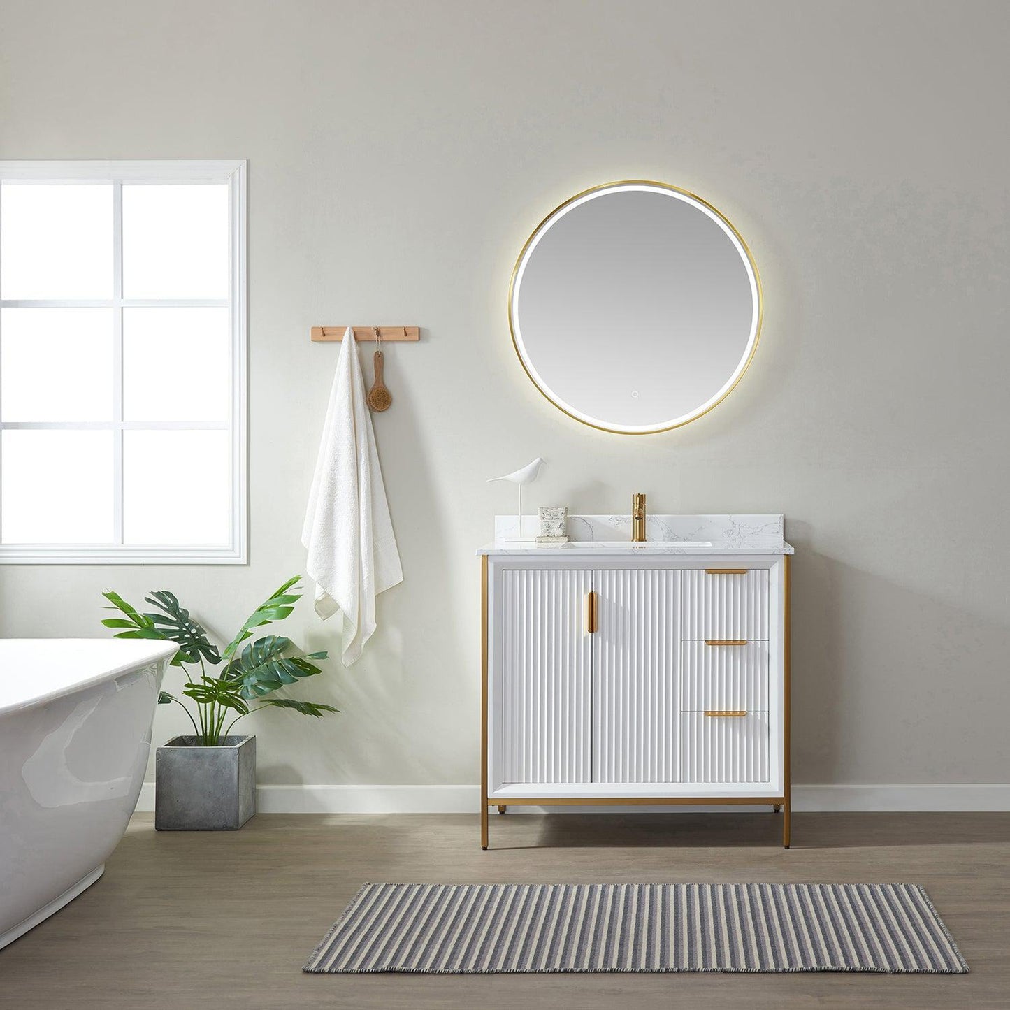 Vinnova Granada 36" Single Vanity In White With White Composite Grain Stone Countertop And Mirror