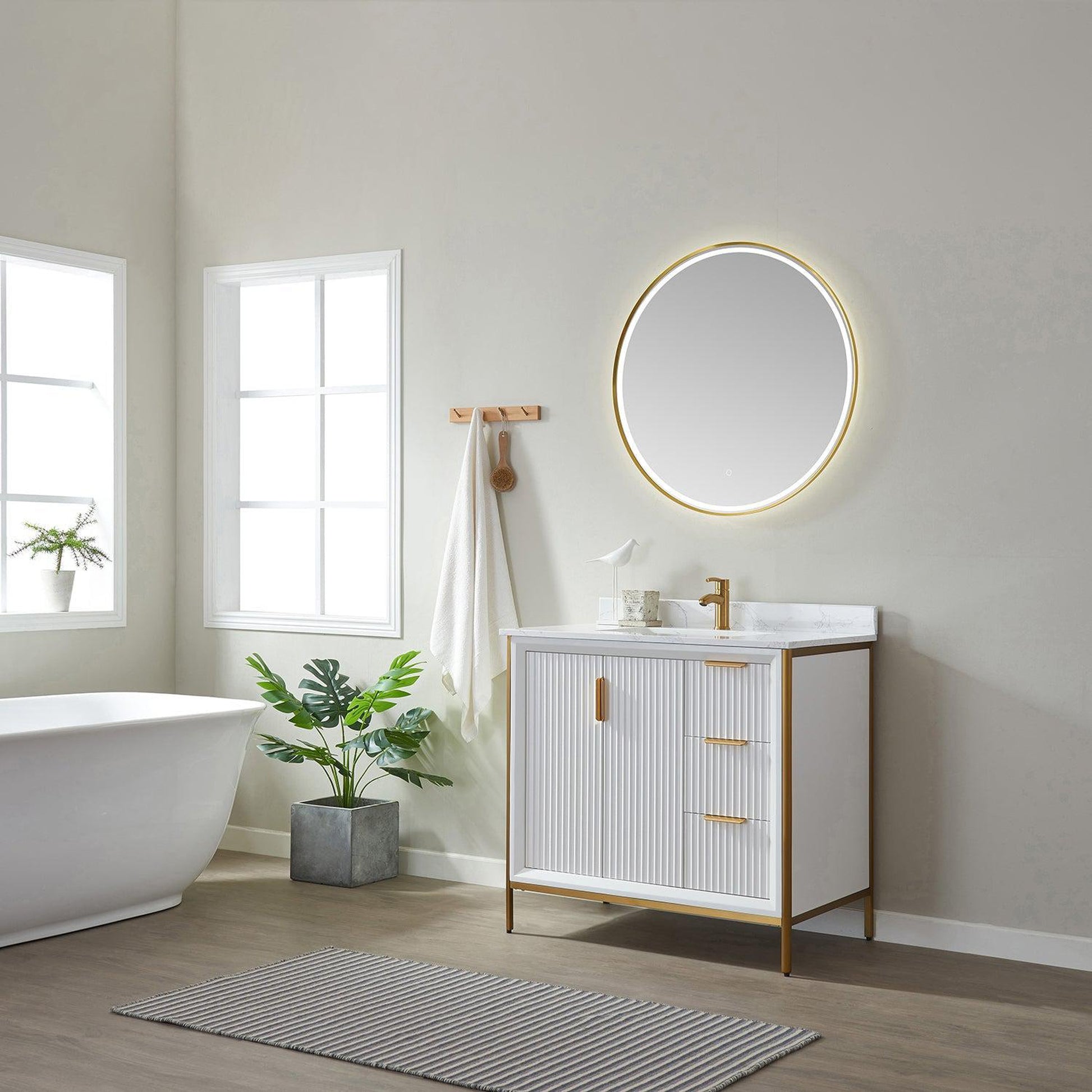 Vinnova Granada 36" Single Vanity In White With White Composite Grain Stone Countertop And Mirror