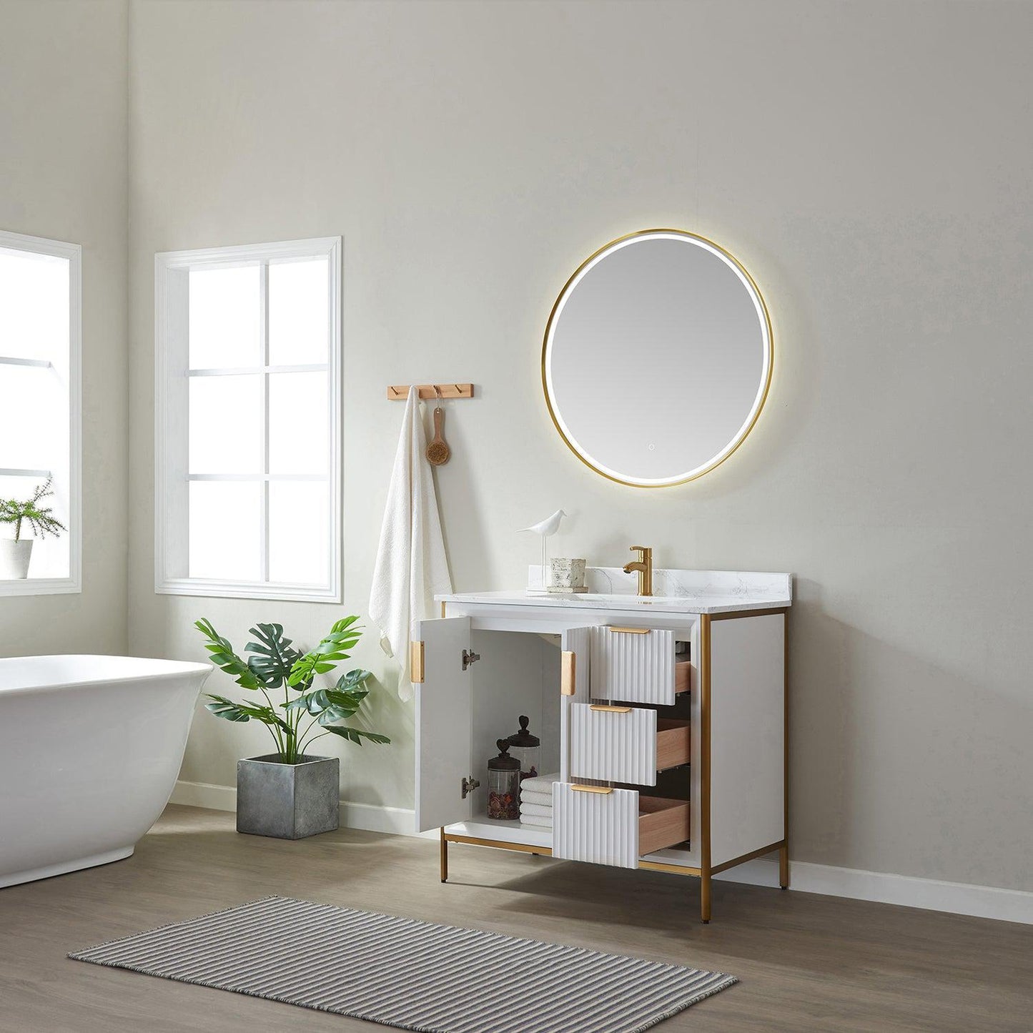 Vinnova Granada 36" Single Vanity In White With White Composite Grain Stone Countertop And Mirror