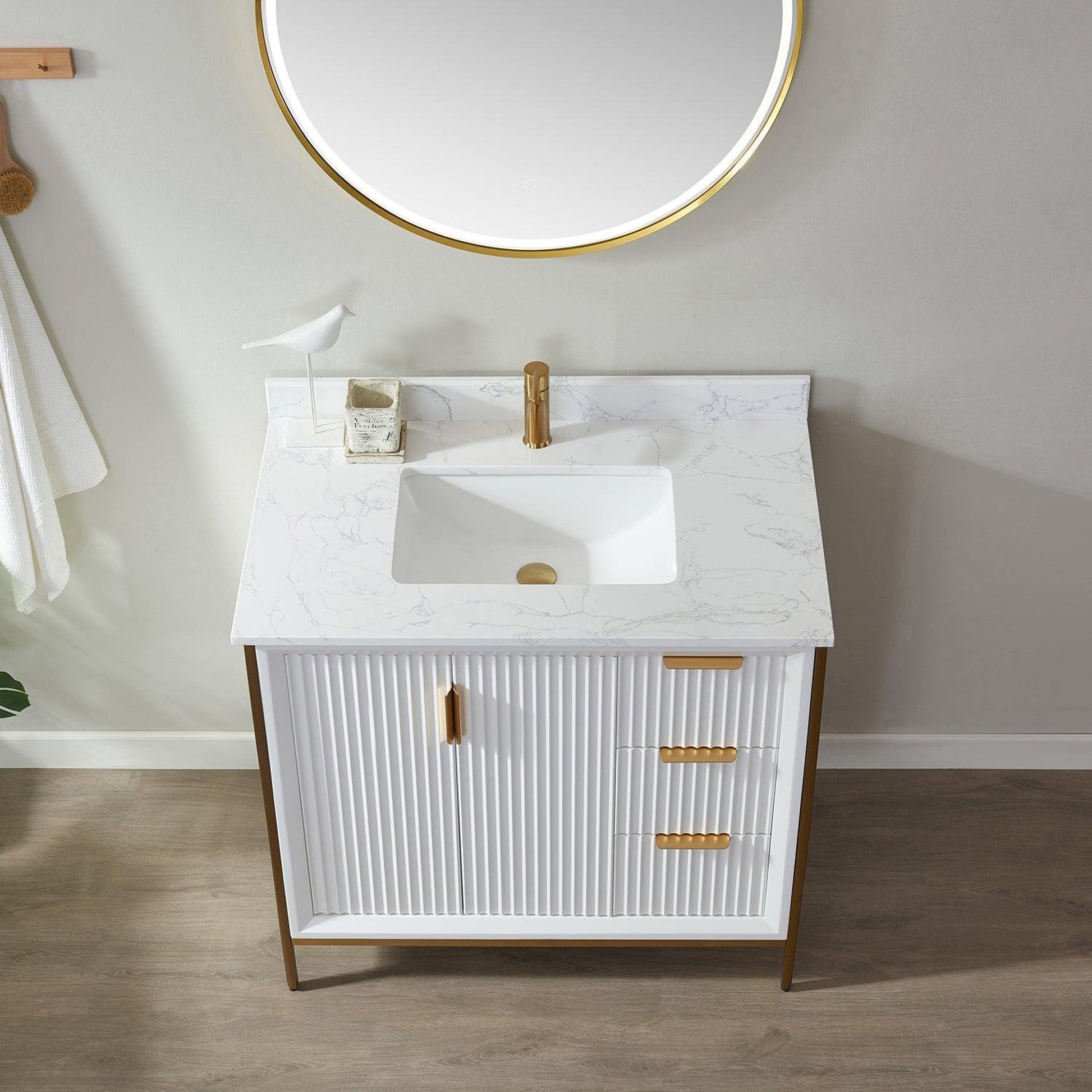 Vinnova Granada 36" Single Vanity In White With White Composite Grain Stone Countertop And Mirror