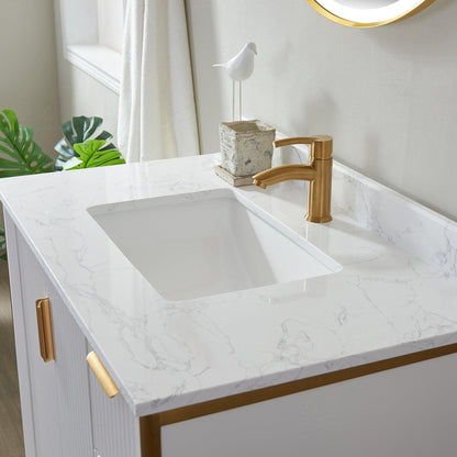 Vinnova Granada 36" Single Vanity In White With White Composite Grain Stone Countertop And Mirror