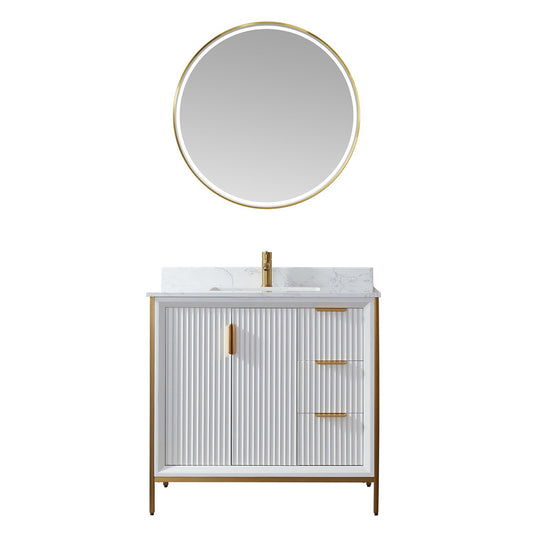 Vinnova Granada 36" Single Vanity In White With White Composite Grain Stone Countertop And Mirror