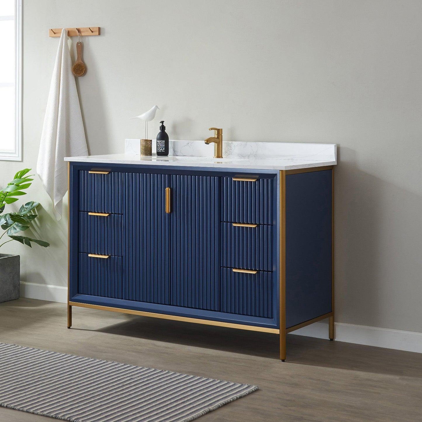 Vinnova Granada 48" Single Vanity In Royal Blue With White Composite Grain Stone Countertop