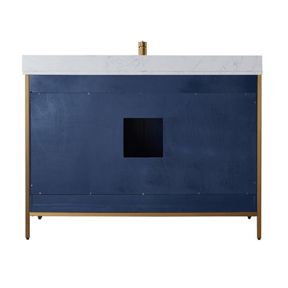 Vinnova Granada 48" Single Vanity In Royal Blue With White Composite Grain Stone Countertop And Mirror