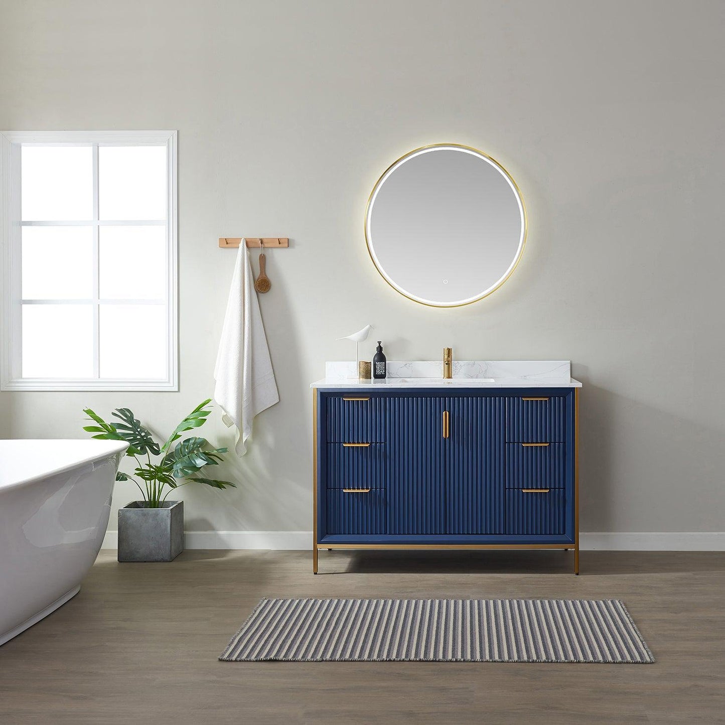 Vinnova Granada 48" Single Vanity In Royal Blue With White Composite Grain Stone Countertop And Mirror