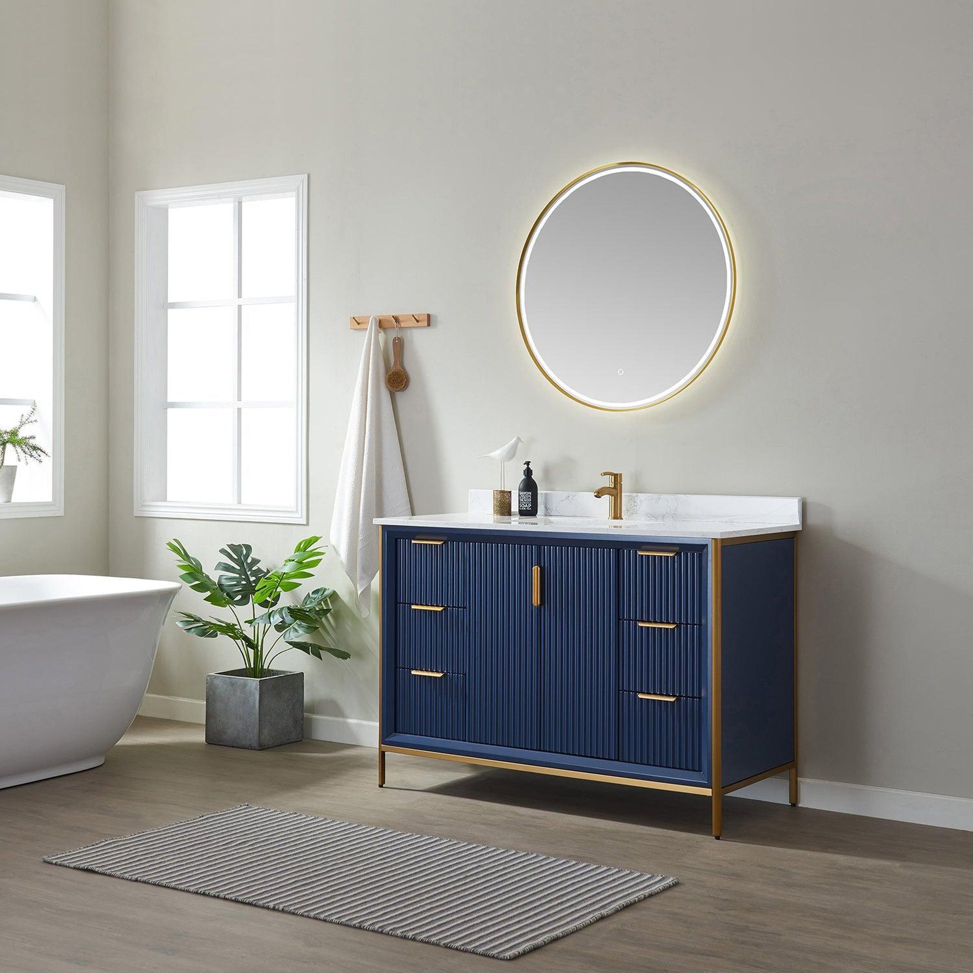 Vinnova Granada 48" Single Vanity In Royal Blue With White Composite Grain Stone Countertop And Mirror