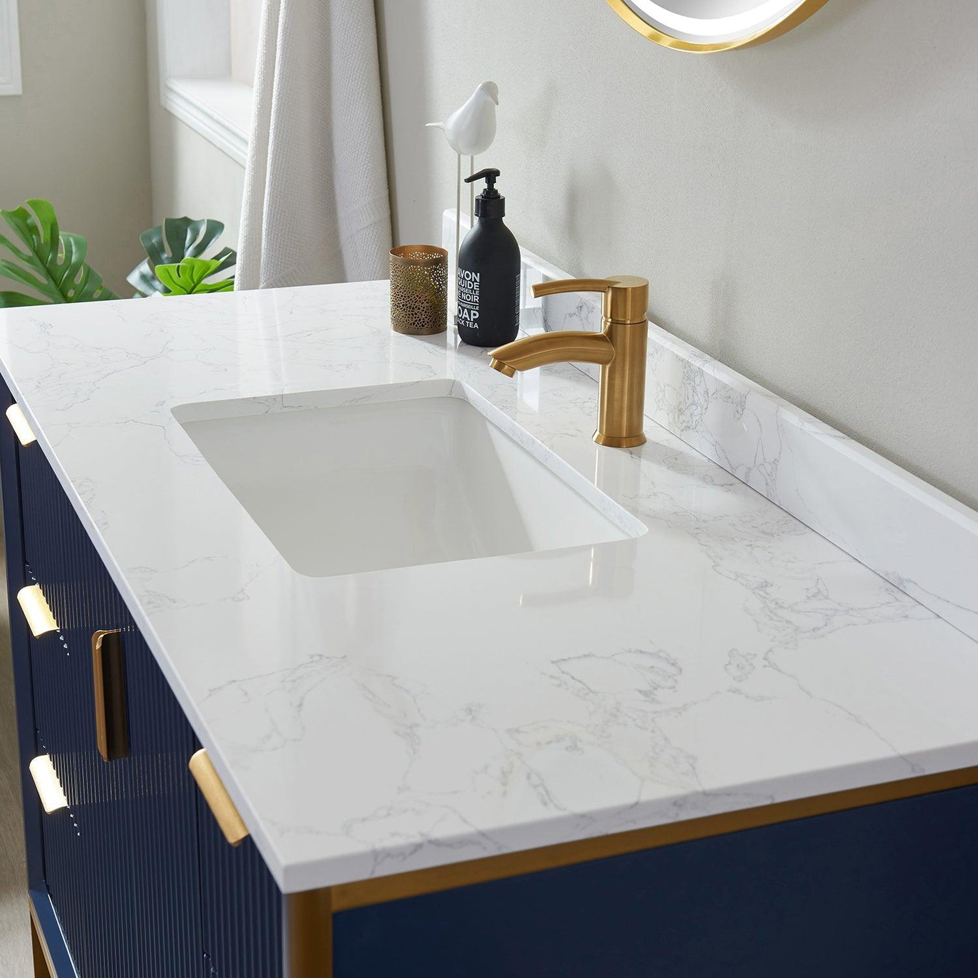 Vinnova Granada 48" Single Vanity In Royal Blue With White Composite Grain Stone Countertop And Mirror