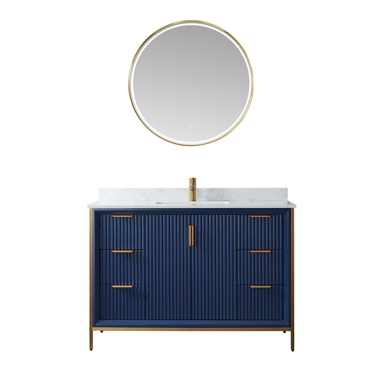 Vinnova Granada 48" Single Vanity In Royal Blue With White Composite Grain Stone Countertop And Mirror
