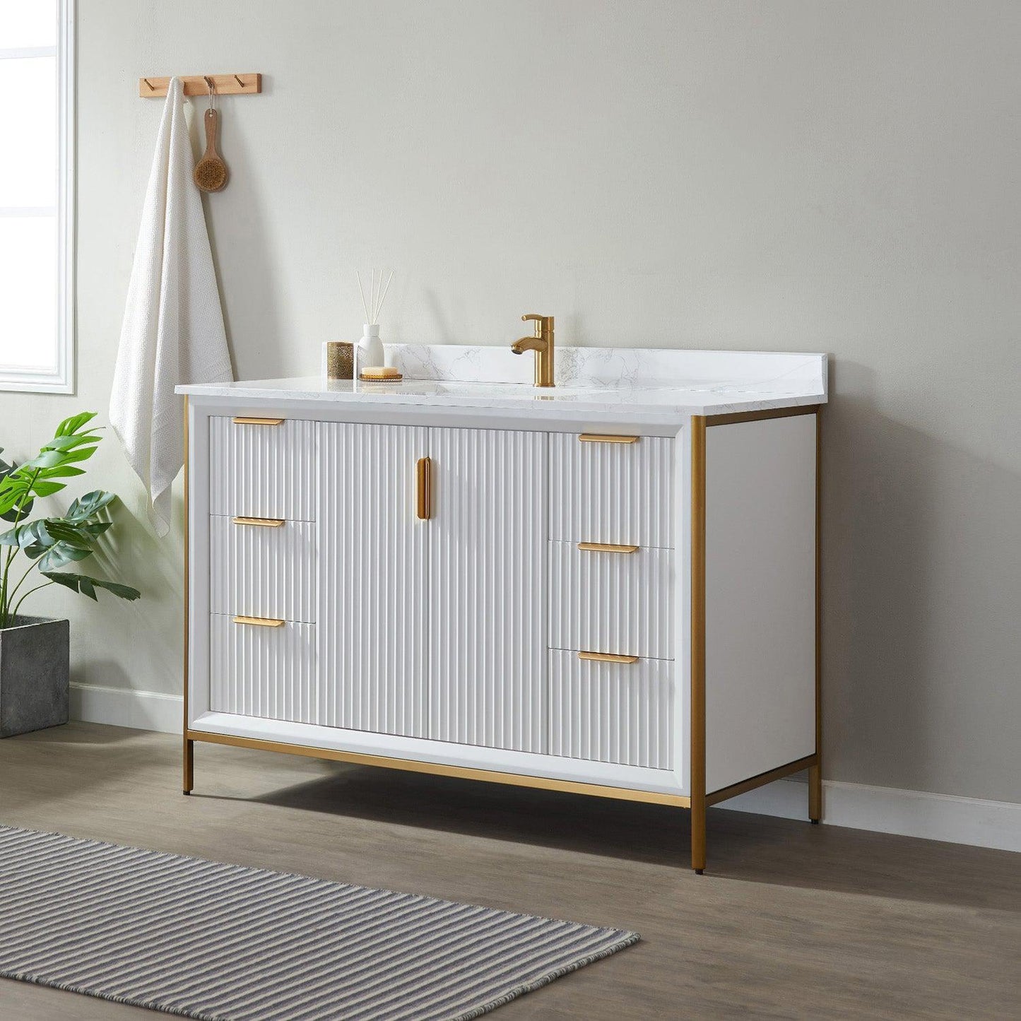 Vinnova Granada 48" Single Vanity In White With White Composite Grain Stone Countertop