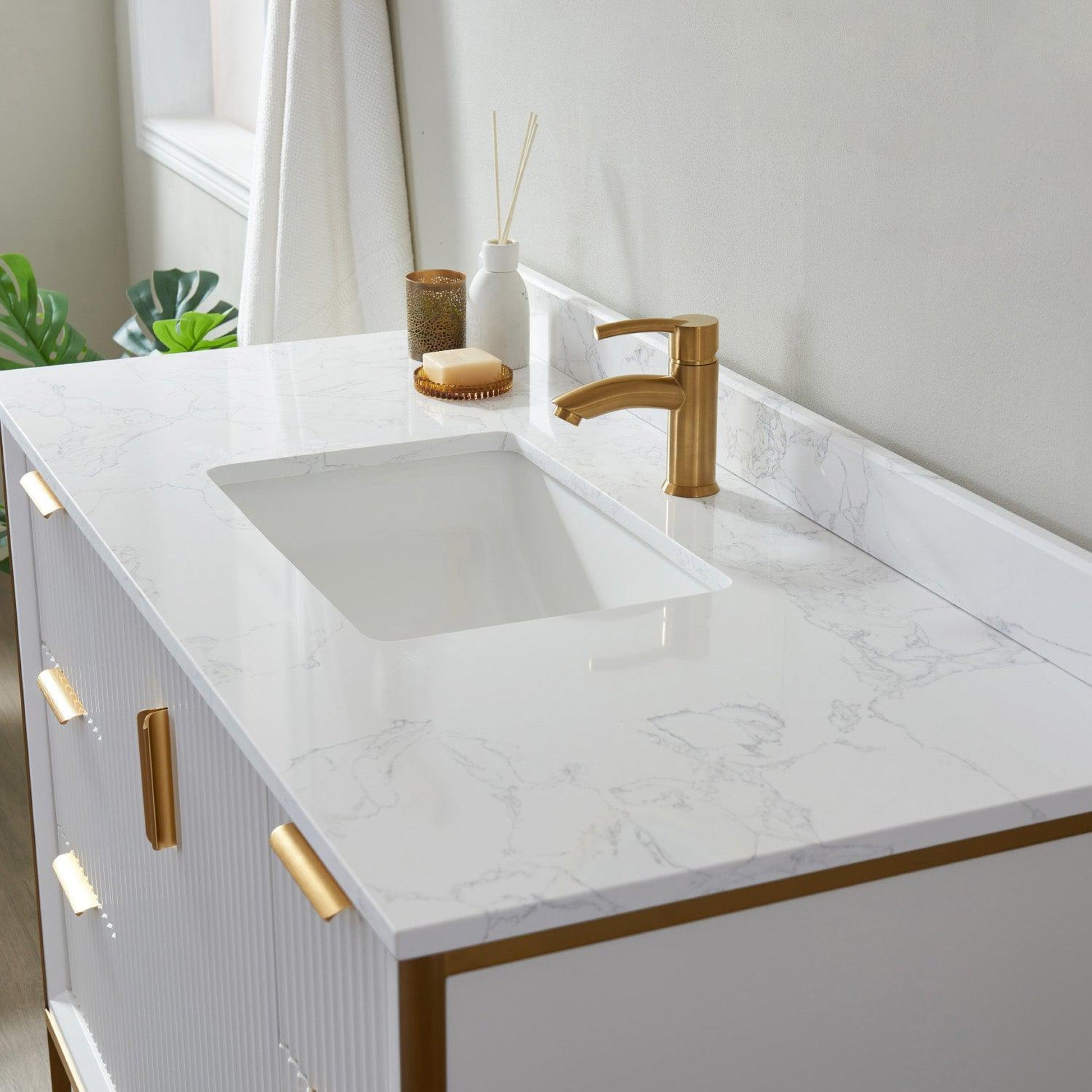Vinnova Granada 48" Single Vanity In White With White Composite Grain Stone Countertop