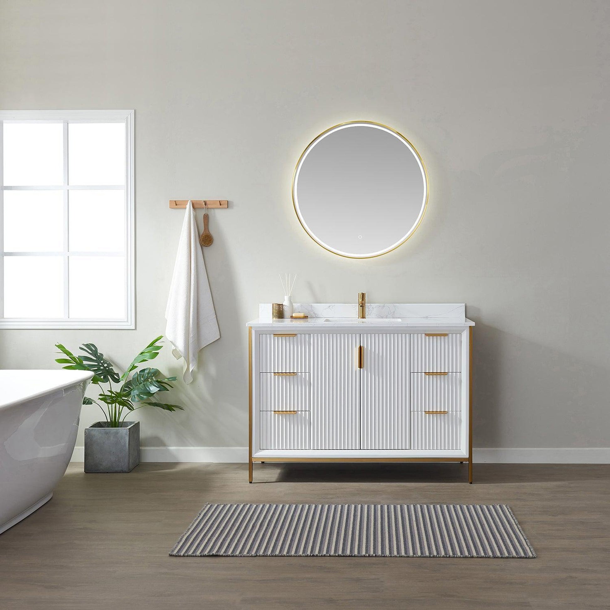 Vinnova Granada 48" Single Vanity In White With White Composite Grain Stone Countertop And Mirror