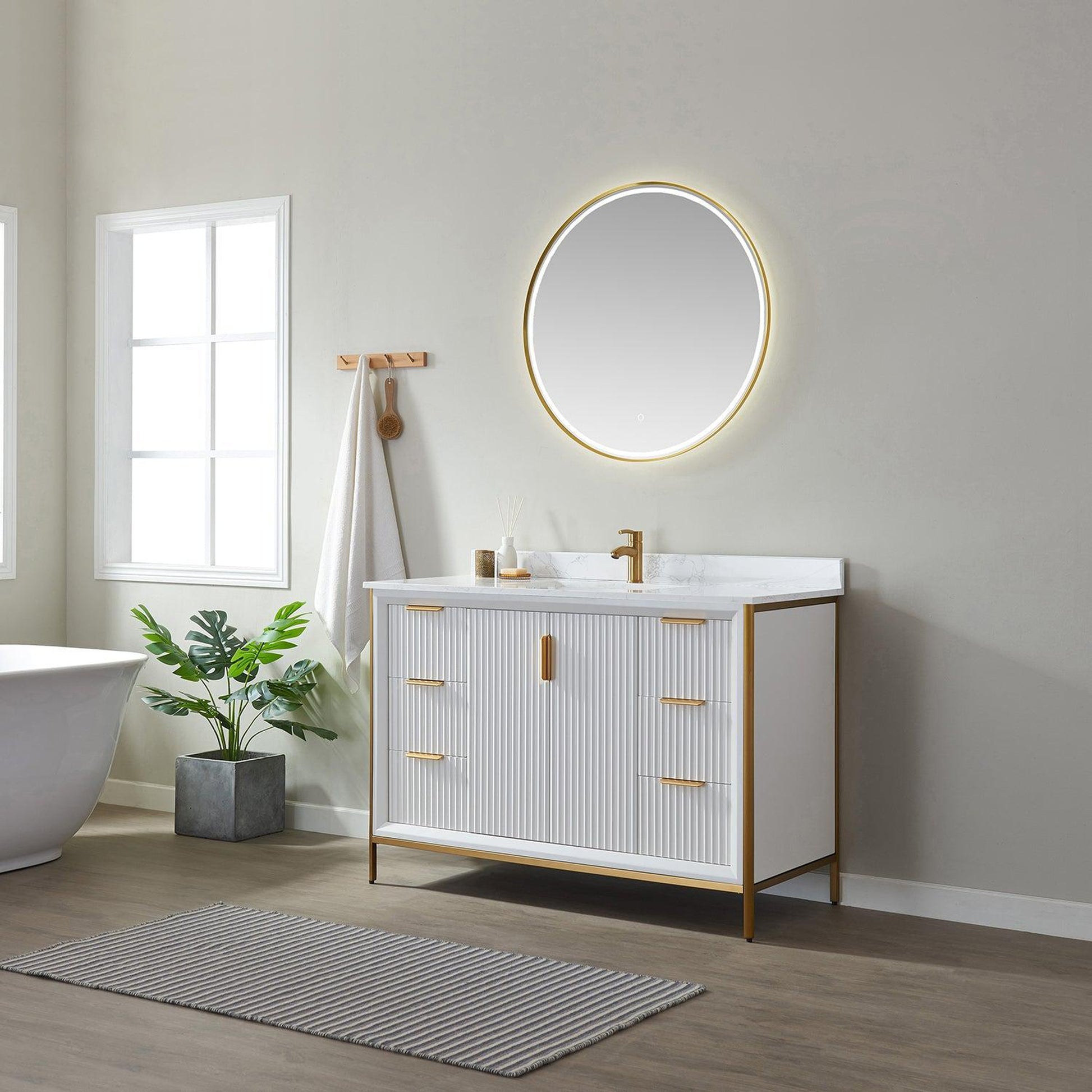 Vinnova Granada 48" Single Vanity In White With White Composite Grain Stone Countertop And Mirror