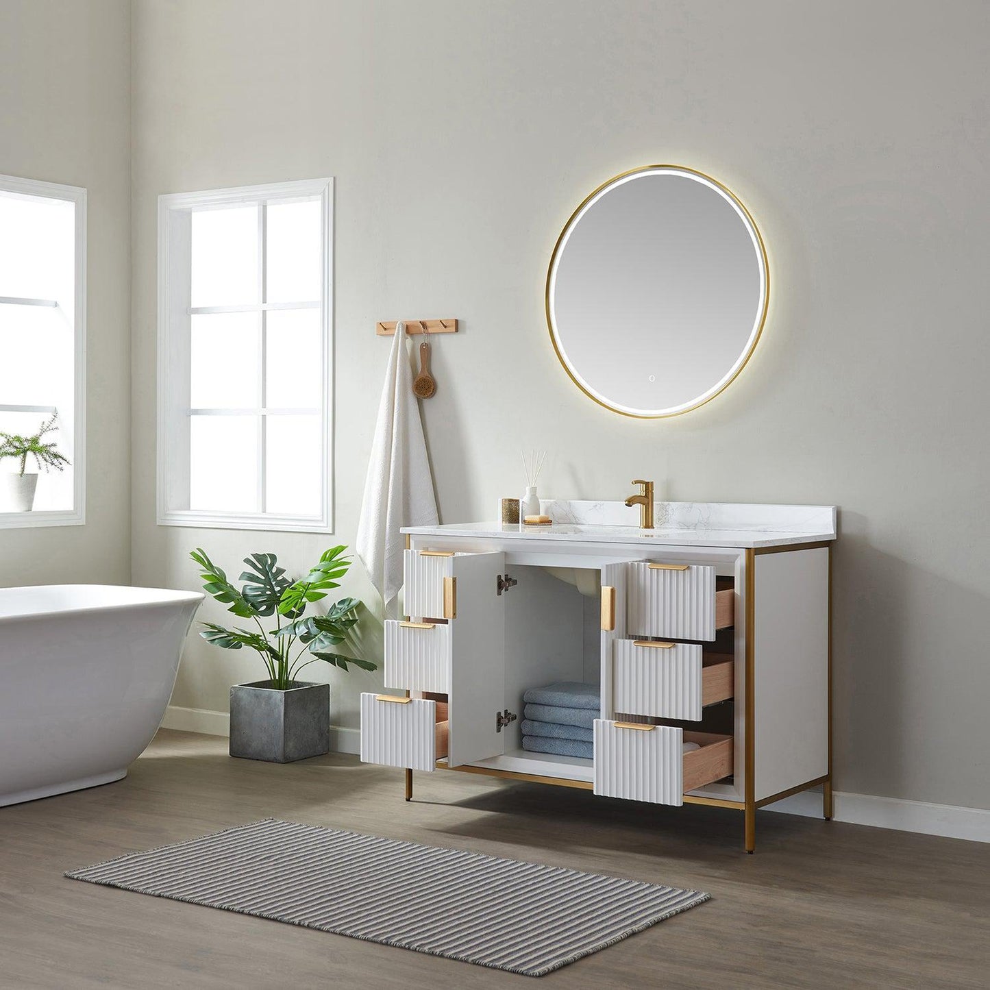 Vinnova Granada 48" Single Vanity In White With White Composite Grain Stone Countertop And Mirror