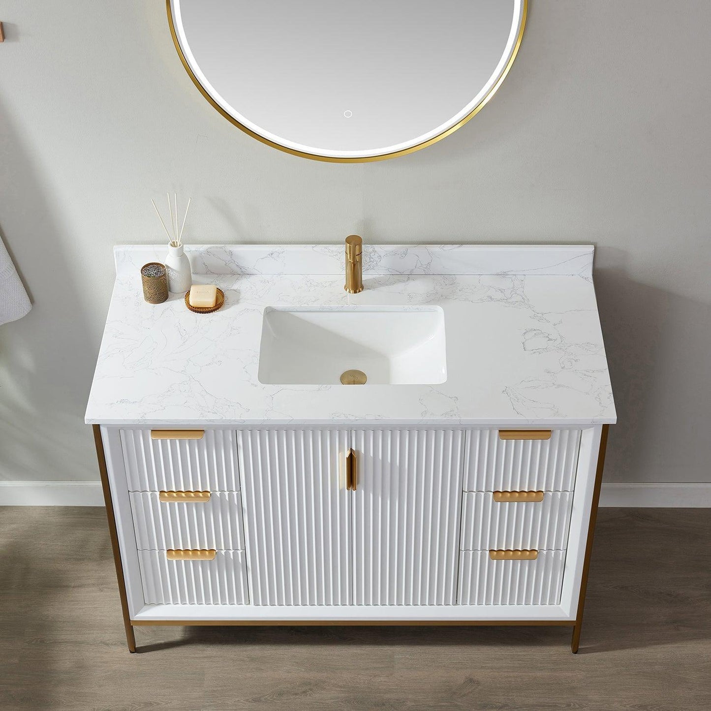 Vinnova Granada 48" Single Vanity In White With White Composite Grain Stone Countertop And Mirror