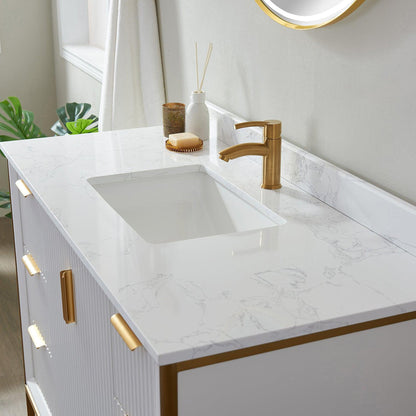 Vinnova Granada 48" Single Vanity In White With White Composite Grain Stone Countertop And Mirror