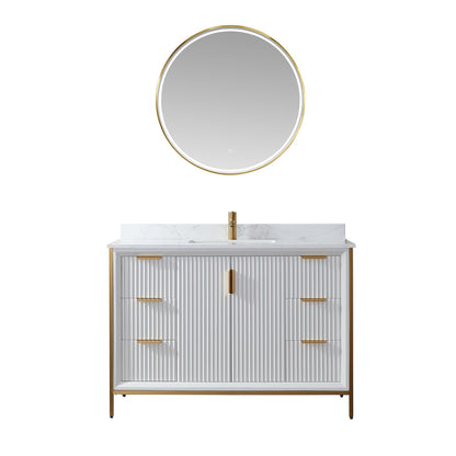 Vinnova Granada 48" Single Vanity In White With White Composite Grain Stone Countertop And Mirror