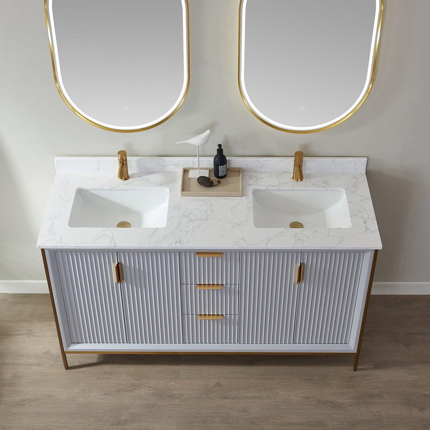 Vinnova Granada 60" Double Vanity In Paris Grey With White Composite Grain Stone Countertop And Mirror