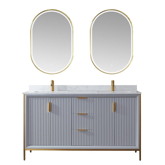 Vinnova Granada 60" Double Vanity In Paris Grey With White Composite Grain Stone Countertop And Mirror