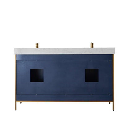 Vinnova Granada 60" Double Vanity In Royal Blue With White Composite Grain Stone Countertop