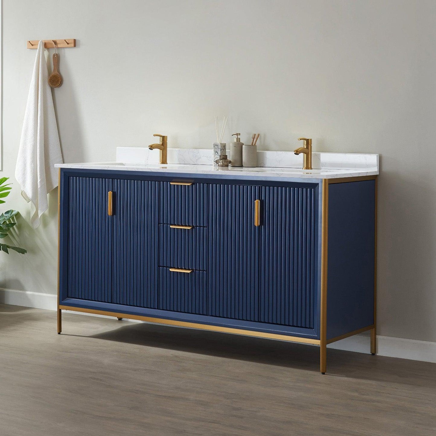 Vinnova Granada 60" Double Vanity In Royal Blue With White Composite Grain Stone Countertop