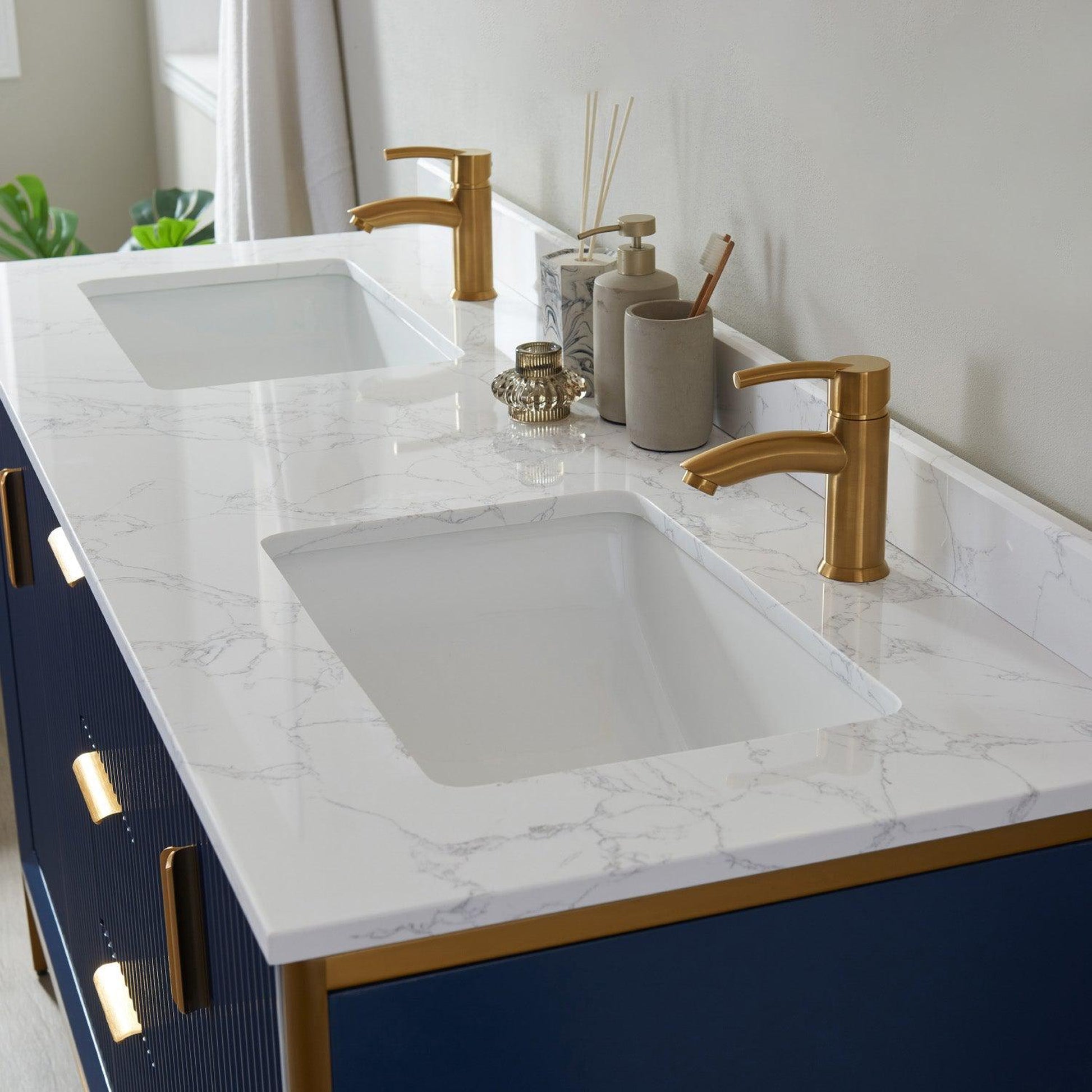 Vinnova Granada 60" Double Vanity In Royal Blue With White Composite Grain Stone Countertop