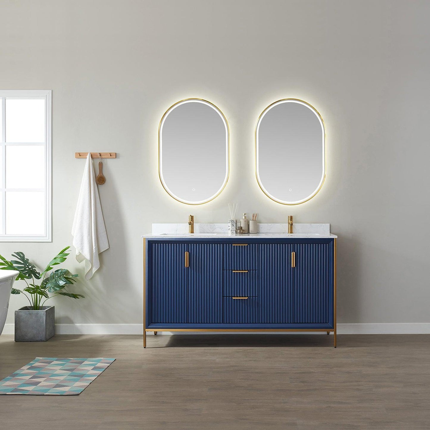 Vinnova Granada 60" Double Vanity In Royal Blue With White Composite Grain Stone Countertop And Mirror