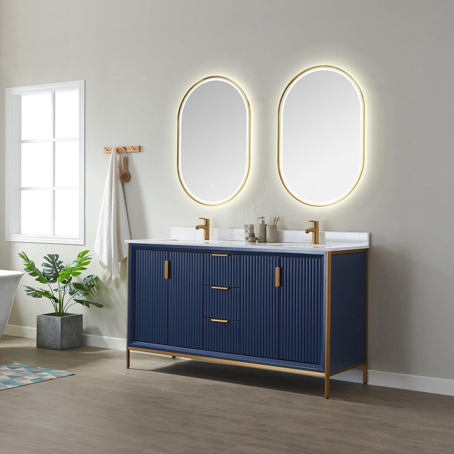 Vinnova Granada 60" Double Vanity In Royal Blue With White Composite Grain Stone Countertop And Mirror