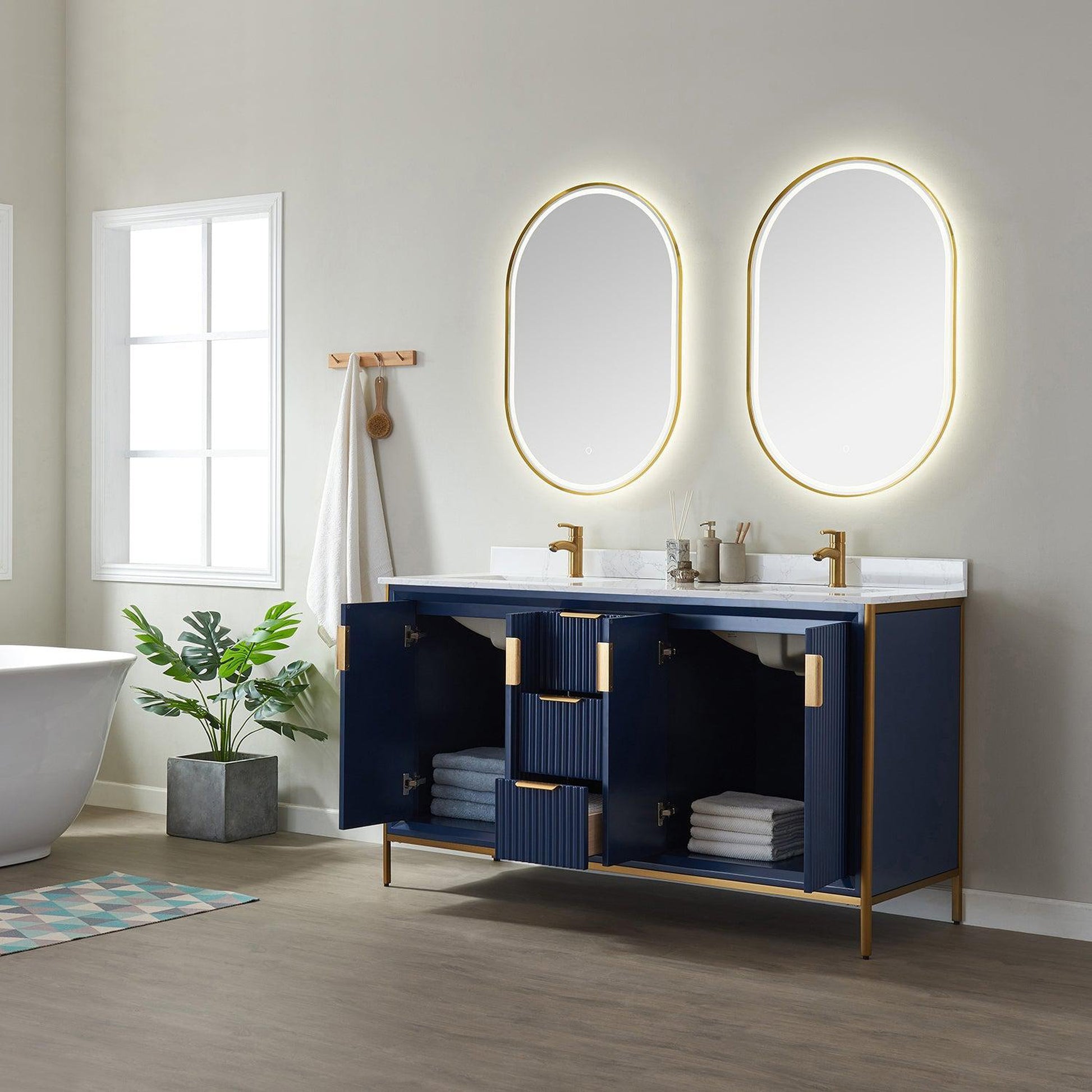 Vinnova Granada 60" Double Vanity In Royal Blue With White Composite Grain Stone Countertop And Mirror