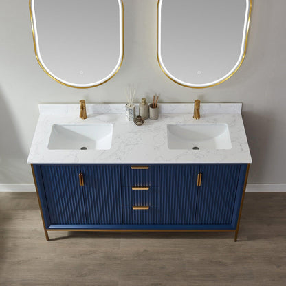 Vinnova Granada 60" Double Vanity In Royal Blue With White Composite Grain Stone Countertop And Mirror